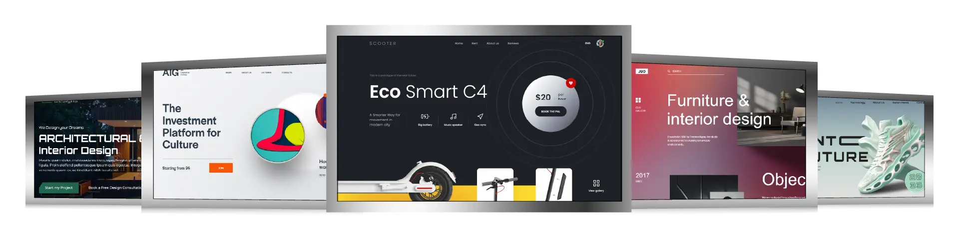 Collage of five web page designs on computer monitors, showcasing themes of architecture, investment, eco-technology, furniture design, and object showcase.