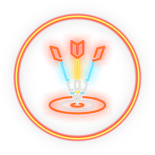 Abstract neon badge with a fiery color scheme and a symbol suggestive of energy or power in the center.